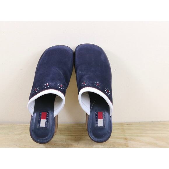 Vintage Tommy Hilfiger Shoes 7.5M Blue Leather Wooden Platform Chunky Y2K Clogs - Picture 4 of 11
